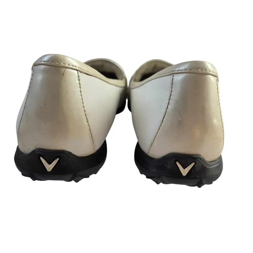 Callaway Couture Women’s Moc Shoes Loafers Ivory with Tan Trim Spiked Sole 8